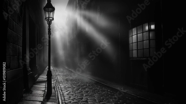 Fototapeta Dark Foggy Alley at Night with Cobblestone Street and Vintage Lamp Post