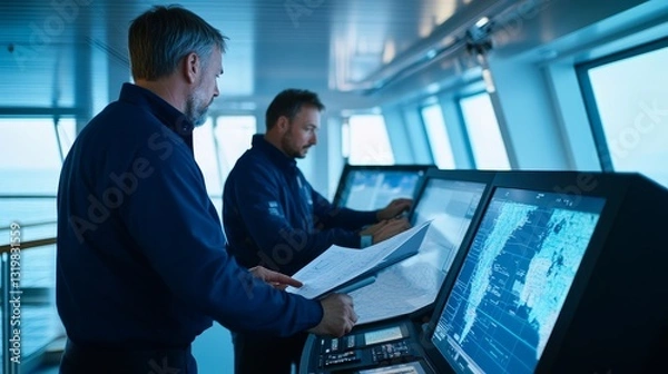 Fototapeta Two crew members operating navigation equipment on a ship's bridge, with ocean view outside