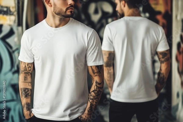 Fototapeta Blank white men's t-shirt front view and side by side back view for mockup