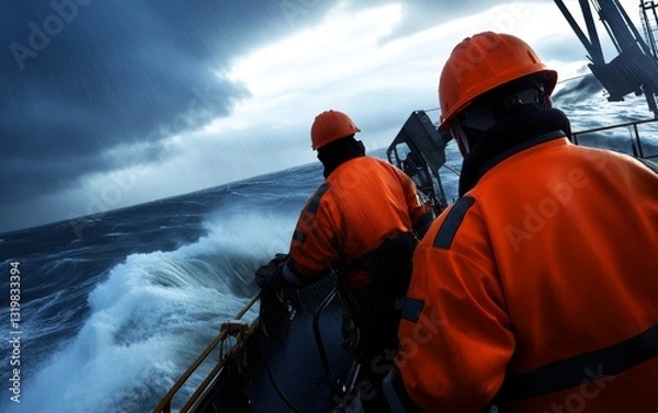 Fototapeta Two workers in orange safety gear on a ship navigating through stormy seas with dark clouds