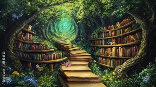 Fototapeta Enchanting forest library path with bookshelves and a journey of reading, storytelling, and imagination