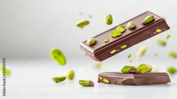 Fototapeta Dark Chocolate Bar With Pistachios Floating Above a Clean Surface Creating a Delicious and Inviting Display