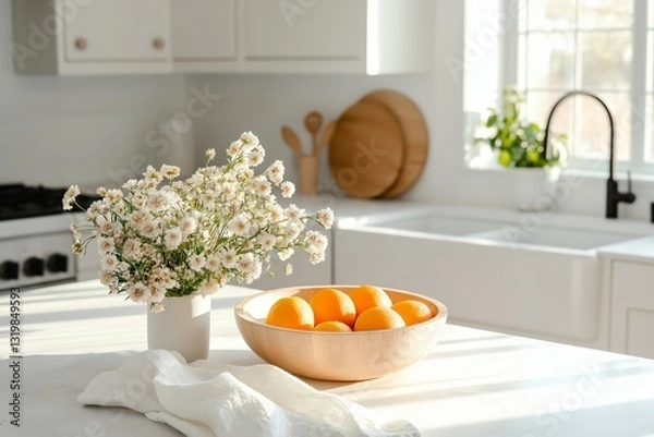 Obraz Bright and airy white kitchen featuring a spacious island, a wooden bowl of oranges, and a linen-wrapped bouquet of wildflowers basking in warm morning sunlight