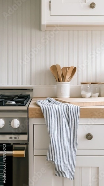 Obraz Classic coastal kitchen featuring white beadboard cabinets and butcher block countertop bathed in soft morning light with minimalistic decor