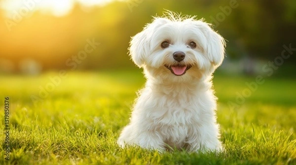 Obraz Coton de Tulear dog enjoys a sunny day in a vibrant grassy field with natural lighting, capturing the joy of outdoor play
