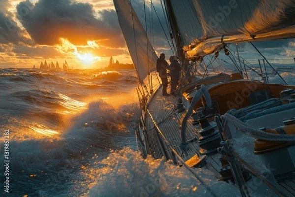 Fototapeta Sailing Crew Navigating Rough Seas at Sunset / sailing boat in the sunset.