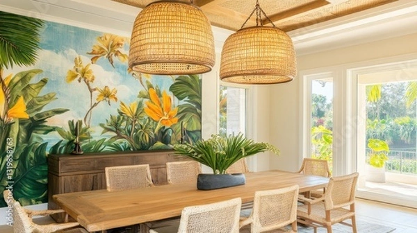 Obraz Vibrant tropical dining room with lush mural and wooden table creating an inviting atmosphere