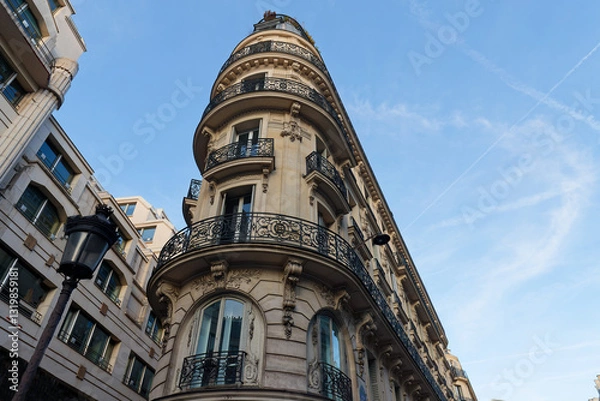 Obraz Exterior architecture of Traditional French house with typical balconies and windows in Paris. France.