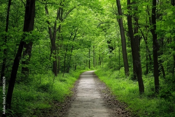 Fototapeta Lush Trail Enveloped by Dense Greenery in Northwest Indiana's Flourishing Forest