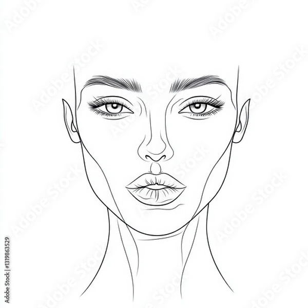 Fototapeta A beauty of canvas: A detailed line drawing presents a woman's face, capturing the essence of beauty and highlighting key facial features, ideal for makeup application and cosmetic studies.