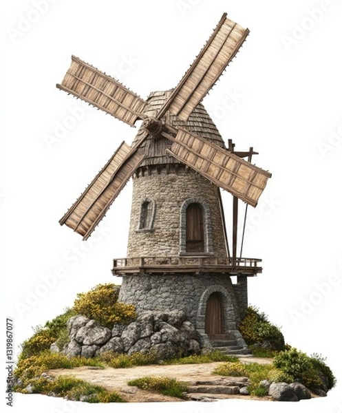 Fototapeta Medieval windmill with wooden sails and stone structure
