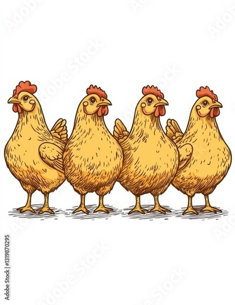 Fototapeta Funny and happy chickens standing side by side together