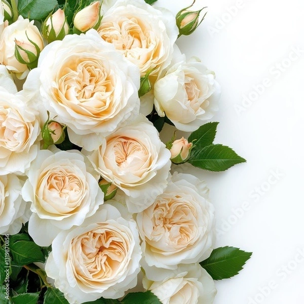 Fototapeta Elegant corner frame of roses on a soft white background
