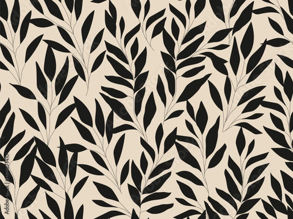 Fototapeta Seamless black and grey floral background with leaves. Hand drawn minimal abstract organic shapes pattern. Vector grey abstact pattern with black leaves
