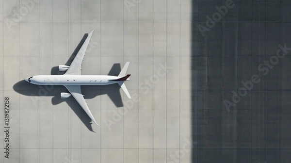 Fototapeta Airplane on runway shadow visible. Aircraft on tarmac aerial view. AI generated