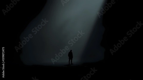 Fototapeta Silhouette of a Lone Figure in the Dark: A single figure stands in a dark, cavernous space, bathed in a single ray of light, creating a sense of mystery, solitude, and introspection. 