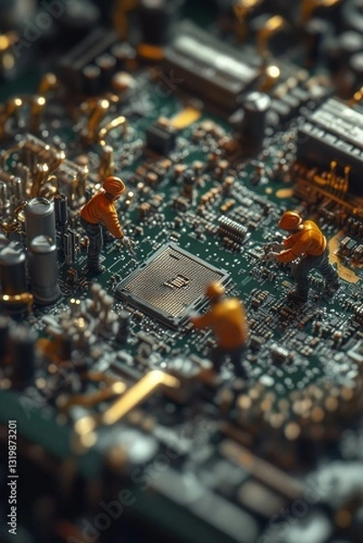 Obraz Miniature Workers on Circuit Board