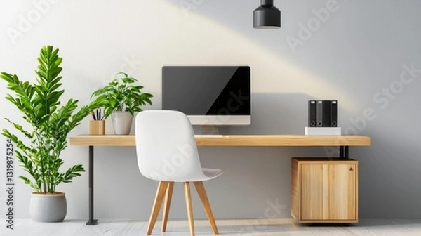 Fototapeta Modern Minimalist Home Office with Plants and Stylish Decor