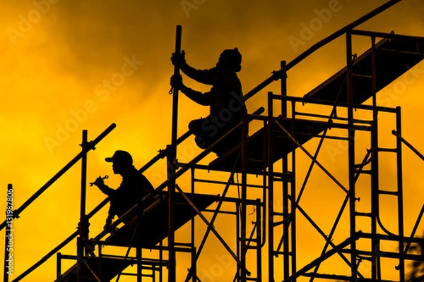 Obraz Construction site and workers on yellow background