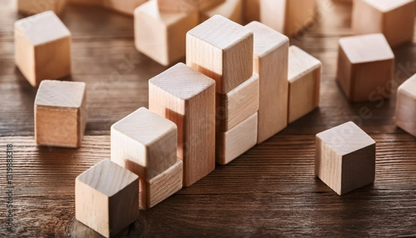 Obraz 積まれたウッドキューブ、木材、角材、積み木、おもちゃ、子供、教育、知育、四角、立方体、三角、素材