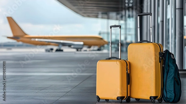 Obraz Three Vibrant Yellow Suitcases And A Teal Backpack At The Airport Terminal With A Blurred Airplane In The Background Ready For Travel Adventure