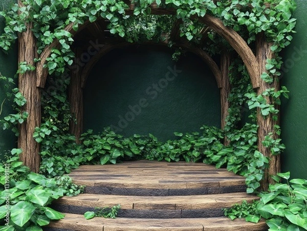 Fototapeta Wooden steps surrounded by lush green foliage, creating a natural archway. Perfect backdrop for product displays or nature-themed designs.