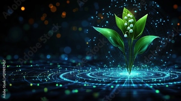 Fototapeta Stunning digital art of a lily of the valley plant emerging from a glowing, futuristic network.  Perfect for technology, nature, or science themes.