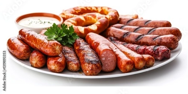 Fototapeta Delicious Assorted Sausages with Pretzel and Dipping Sauce on Plate