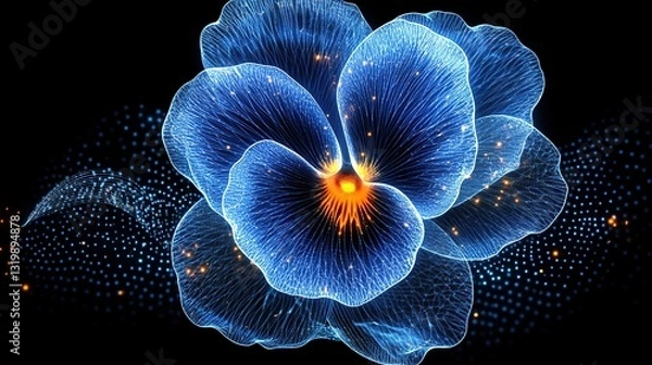 Obraz Luminescent blue flower, digital art, glowing petals, abstract floral design, dark background, particle effects, vibrant color.