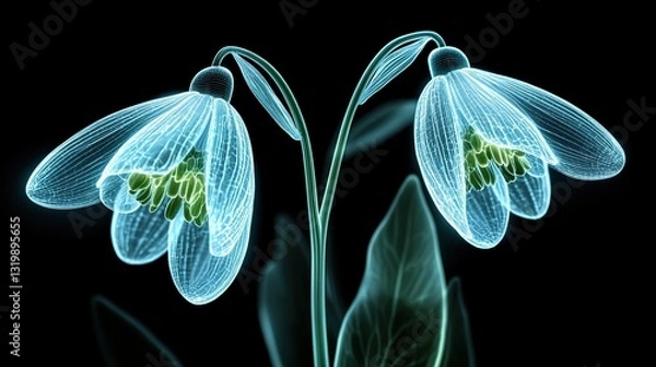 Obraz Glowing snowdrop flowers, vibrant teal, 3D render, dark background, botanical beauty, digital art, nature.