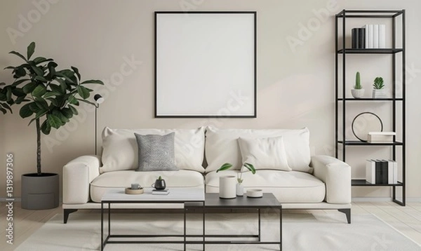 Fototapeta Minimalist living room with a white sofa. coffee table. and a black framed picture