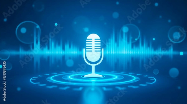 Obraz A Futuristic Microphone Symbol At The Center Of A Vibrant, Pulsating Soundscape, Bathed In Cool Blue Light, Representing The Power Of Voice And Digital Audio