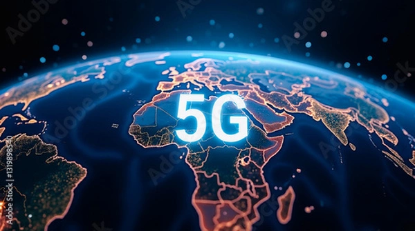 Obraz 5g A New Era Of Global Connectivity Illuminating The World With Glowing City Lights And A Vibrant Digital Network Across Continents