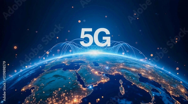 Fototapeta Global 5g Network Connecting The World, A Bright Future Of Hyper-connectivity Illuminated Against A Deep Blue Space Backdrop