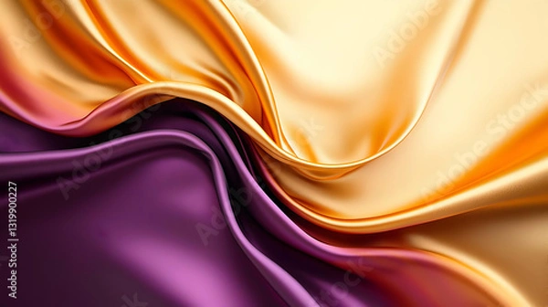 Fototapeta Abstract Silk Fabric Swirls in Golden and Purple Hues Creating Elegant Drapery with Smooth Shiny Texture