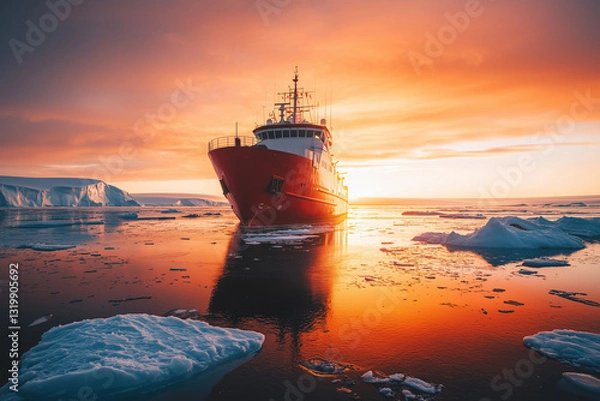 Obraz an icebreaker under a vivid polar sunrise, its red hull glistening in the golden light, surrounded by ice sheets reflecting warm tones, a wide-angle shot emphasizing the serenity of the scene