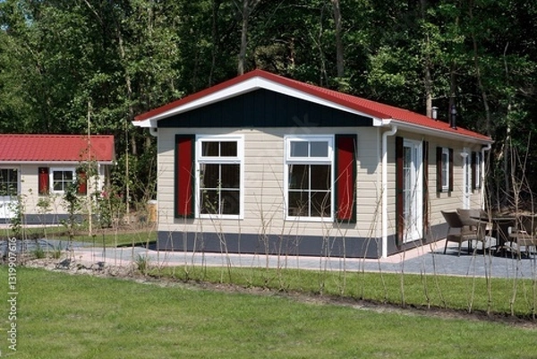 Obraz Chalet park, caravan park in the Netherlands. Leisure park with chalets. Mobile home park.