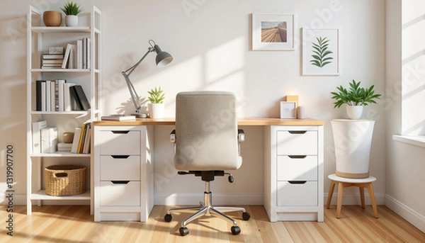 Fototapeta Stylish home office with compact storage solutions in afternoon light, productivity