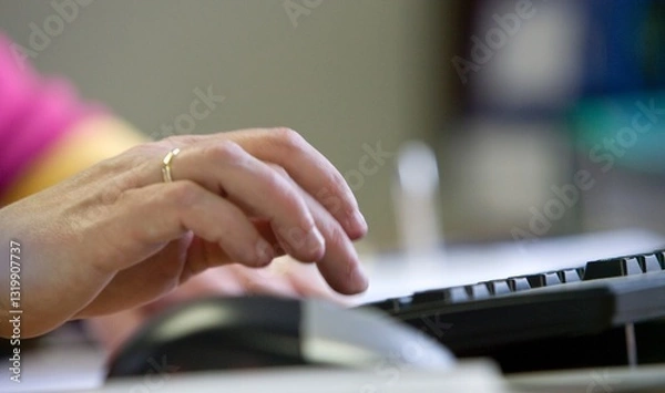 Obraz At the office. Administration office. Hand with keyboard of a computer.