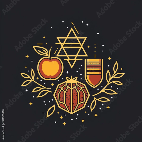 Fototapeta Elegant minimalist Rosh Hashanah vector with apple, pomegranate, shofar, and Star of David