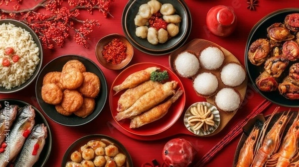 Fototapeta Gathered around a beautifully set table, friends and family enjoy a lavish Traditional Chinese lunar New Year dinner featuring an array of delicious dishes, symbolizing prosperity and unity