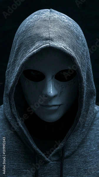 Obraz mysterious masked figure in a hooded sweatshirt casting an eerie shadowy presence