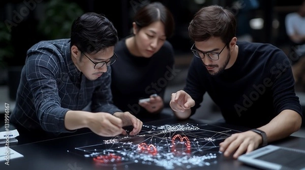 Obraz Korean Entrepreneurs Discussing Digital Solutions for Business Growth with Futuristic Devices