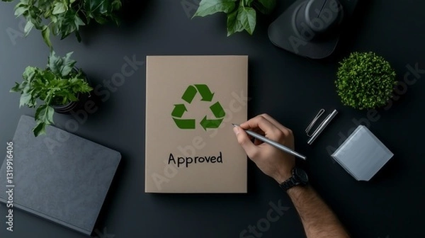 Fototapeta Eco-Conscious Businessman Marking Approved on Recycling Program Report