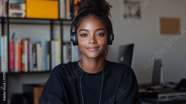 Obraz Solo Podcaster Sharing Inspirational Stories with Bookshelf Backdrop