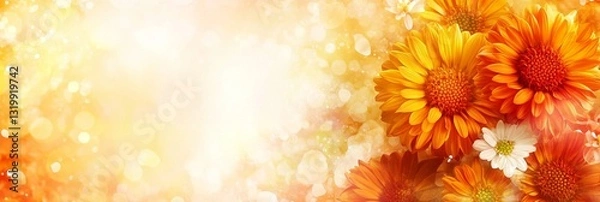 Fototapeta An abstract background featuring vibrant calendula flowers in shades of orange and yellow, with a soft bokeh effect