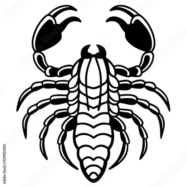 Fototapeta a striking black and white scorpion design. The scorpion is depicted with its pincers raised and its tail curled, vector illustration