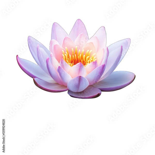 Fototapeta A glowing lotus flower with radiant petals, floating on the surface of a serene pond, isolated on white background.