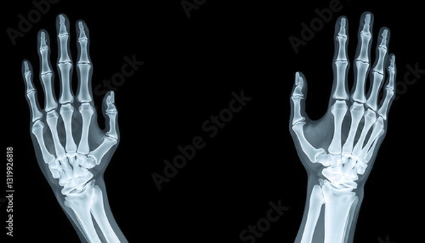 Obraz normal x-ray of the hand bones and fingers,orthopedics, medical diagnostics, rheumatology , with white tonespng