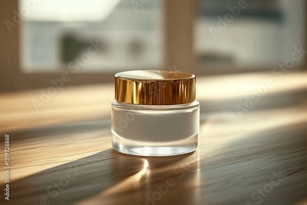 Fototapeta A small glass jar with a golden lid placed on a wooden surface, illuminated by soft natural light